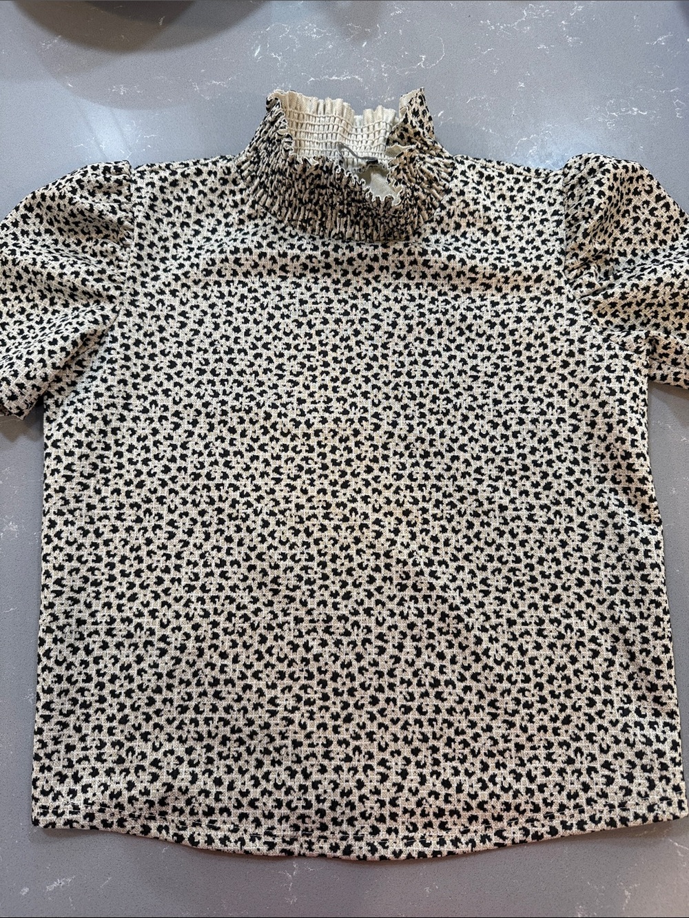 Zara Cream and Black Floral Smocked Neck Short Sleeve Top